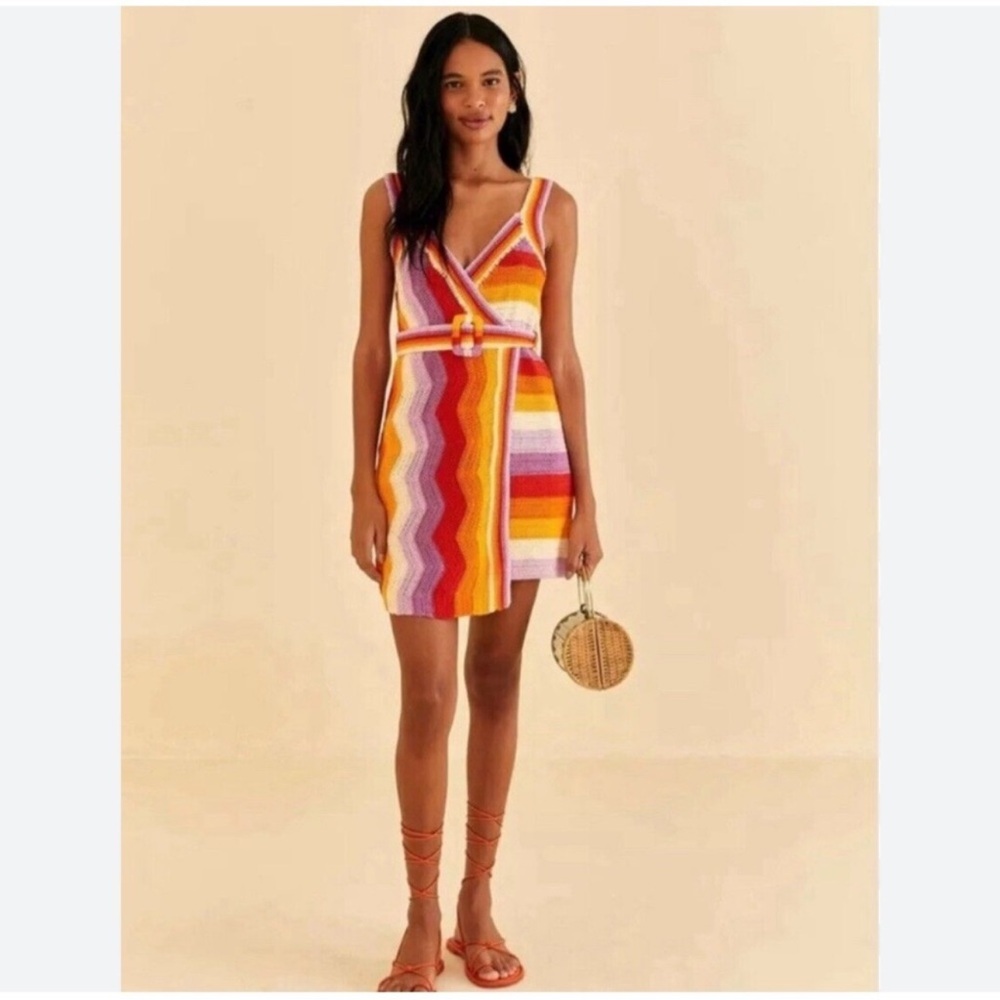 FARM Rio Rainbow Striped Crochet Mini Dress Red, Orange, Yellow, Rainbow Pride